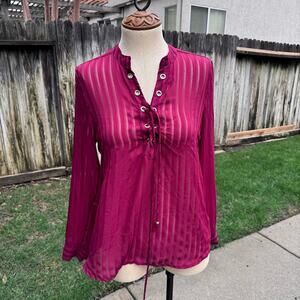 Rue 21 Burgundy Striped Semi Sheer Top Blouse Women's Size Medium